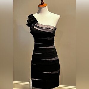 Betsy & Adam Black and Silver One-Shoulder Dress size 6
